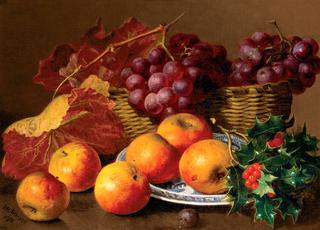 Still Life of Apples and Holly With A Basket of Grapes
