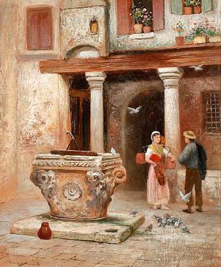 Mediterranean House Interior with Figures at the Well