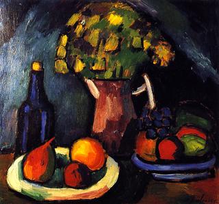 Still LIfe with Bouquet, Fruit Bowls and Bottle