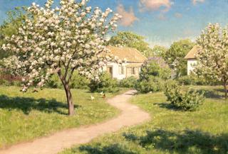 White farm in springtime