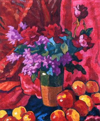 Vase of Flowers with Red Drapery