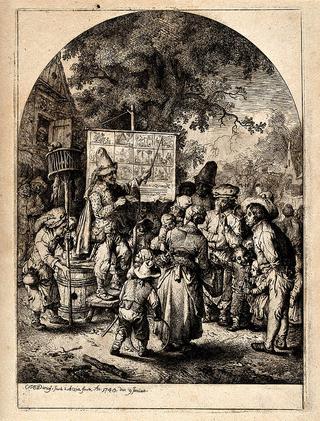 A crowd gathered around a mountebank who points to a banner