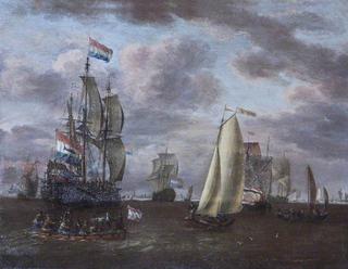 A Whaler and Other Ships at Anchor Before a Port