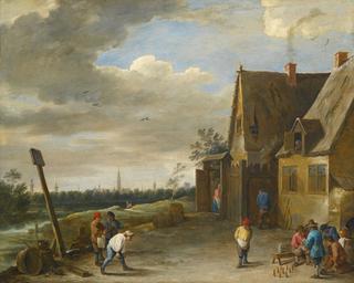 Peasants Playing Nine-pins Outside an Inn, the City of Antwerp in the Distance