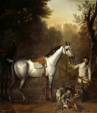 韦茅斯子爵的狩猎：一个新郎牵着一个带着猎犬和猎犬的带鞍灰色猎人
