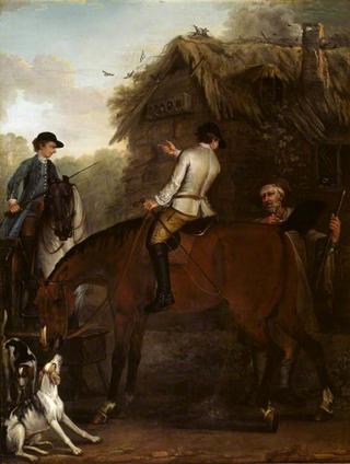 韦茅斯子爵的狩猎：两个猎人的仆人在小屋旁狩猎