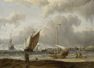 在荷兰海岸的风暴中的渔船