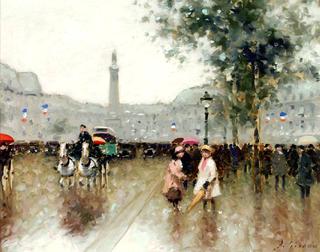 Two girls standing in the rain with the Place Vendome in the background
