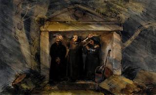 Monks sheltering from the rain in a tomb