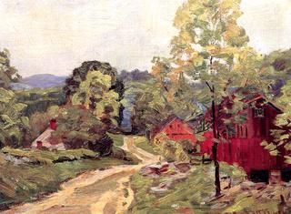 Farm with Red Barns in Summer