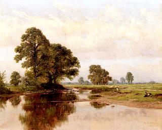 River View with a Resting Shepherd and His Grazing Flock