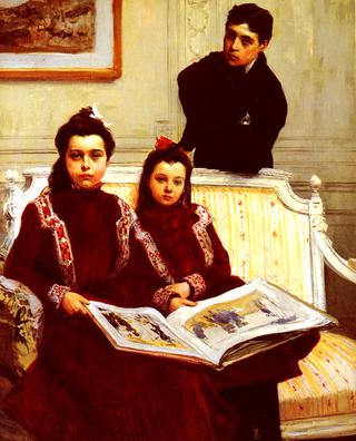 Family Portrait of a Boy and his two Sisters admiring a Sketch Book