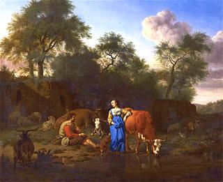 Shepherd and Shepherdess with Cattle by a Stream