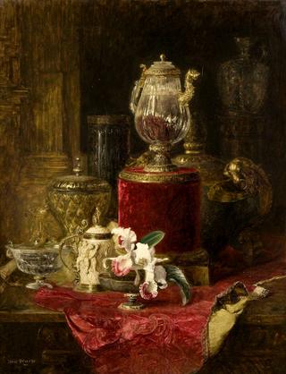 Still Life with crystal carafe, ivory tankard and orchid