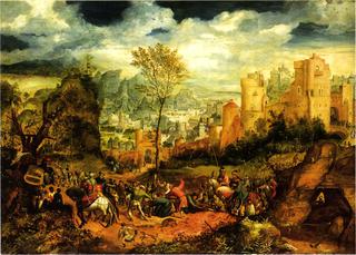 Landschap met de kruisdraging van Christus.