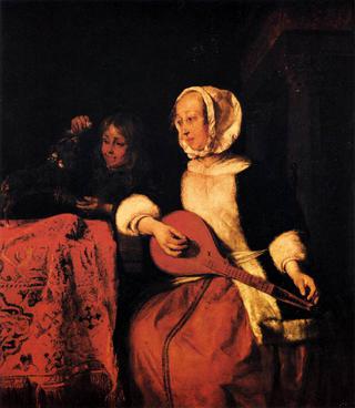 A Woman Tuning a Cittern and a Boy Playing with a dog