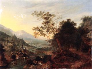 A Rhenish River Landscape with Travelers on a Path, a Town Beyond