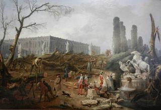 Tree felling in the garden of Versailles around the Baths of Apollo