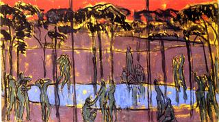Design for a Screen: Figures by a Lake