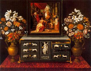 Still life with ebony desk and vases