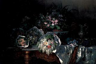 Bouquets of Flowers, an Imari Bowl, a Silver Ewer with Stand and Sugared Almonds