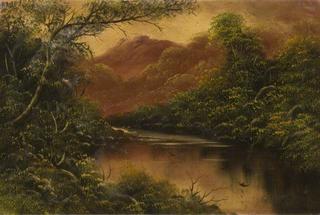 River Scene with Trees and Mountains