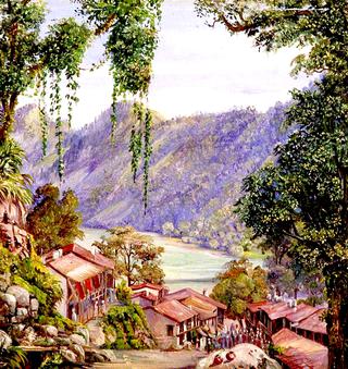 Looking down the Bazaar and Lake of Nynee Tal, Kumaon, North West India