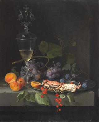 白蜡盘子里有螃蟹的静物画