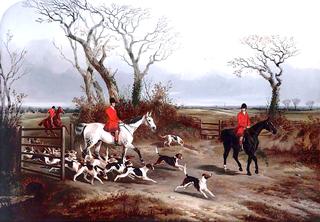 Going Out: Huntsmen with Hounds Passing through a Gate