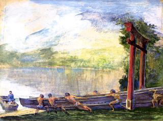 A Torii on Shore of Lake Chusenji, Japan. Fishermen Pushing Out Their Boat