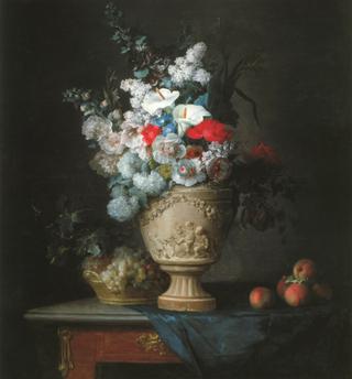 Bouquet of Flowers in a Terracotta Vase, with Peaches and Grape