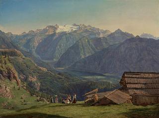 View of the Dachstein with Lake Hallstatt, seen from the Hütteneckalp