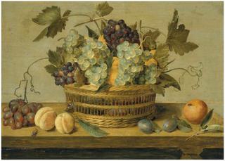 Nectarines and grapes in a basket on a table, with plums, oranges, a butterfly and a beetle