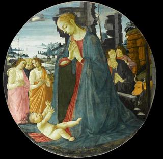 Adoration of th Infant with Three Angels, Saint Joseph and Two Shepherds