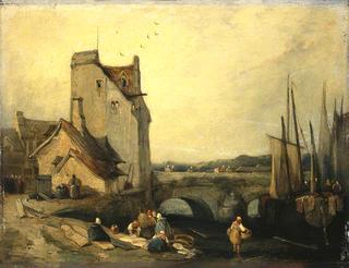 View in Brittany:  Bridge, Cottages and Washerwomen