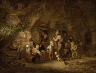 A Man Playing the Shawm at a Rustic Cottage Door