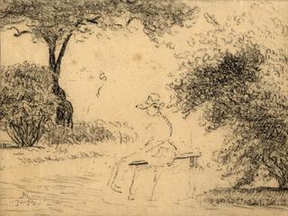 Etude d'une femme au jardin assise sur un banc