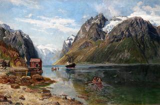 Steamer and Rowboats in a Fjord Landscape