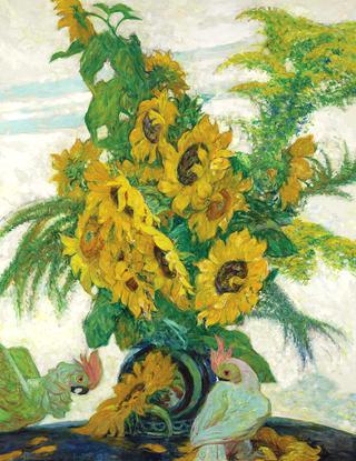 Still Life with Sunflowers on a Table with Parrots