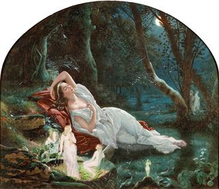 Titania sleeping in the moonlight protected by her fairies