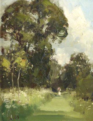 Anglesey Abbey Gardens, with a Lady in White on a Grass Path, Holding a Parasol