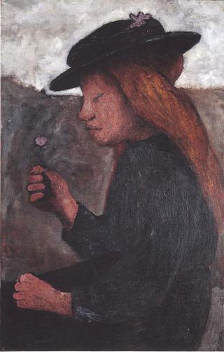 Seated girl with black hat and flower in her hand