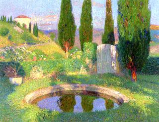 Bassin dans le parc de Marquayrol avec l'atelier d'Henri Martin