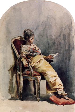 Woman in Oriental Dress, Leaning on Her Right Arm - Study from Nature