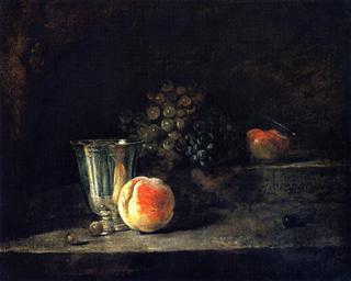 Silver Goblet, Peach, White and Red Grapes, and Apple