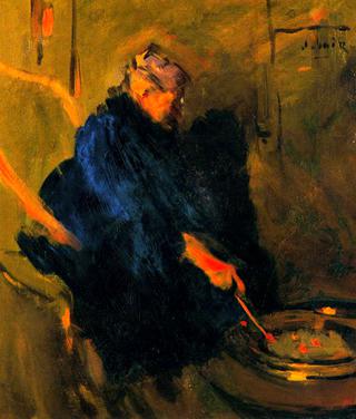 La madre del artista removiendoel brasero