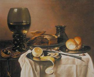 Breakfast Still Life with Roemer, Meat Pie, Lemon and Bread