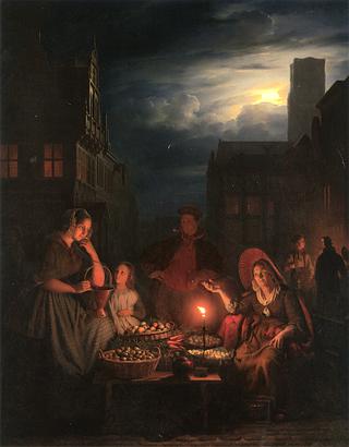 A Nightmarket with a Stallholder Offering Her Wares