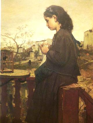 Girl Knitting on a Balcony in Montmartre