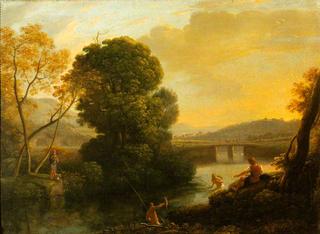 A Pastoral River Landscape with Fishermen